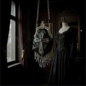 Sacred Vigils Fringe Shoulder Bag w/ Gothic Cross & Chain Strap Velvet by Widow